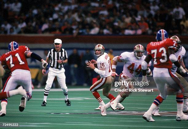 Quarterback Joe Montana of the San Francisco 49ers in action during the NFL Super Bowl XXIV Game against Denver Broncos at the Louisiana Superdome in...