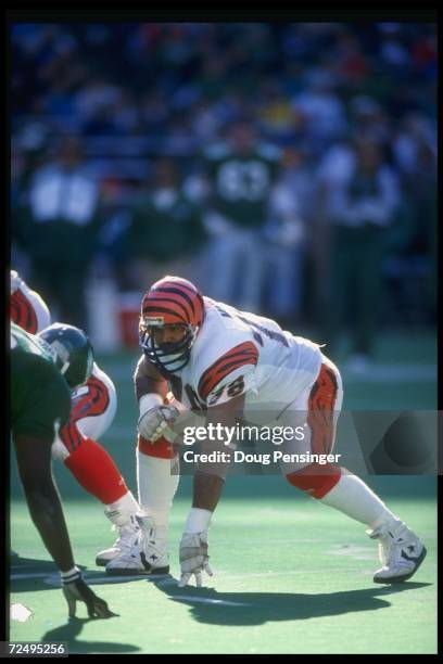 Offensive lineman Anthony Munoz of the Cincinnati Bengals stands in his stance during a game against the Philadelphia Eagles at Veterans Stadium in...