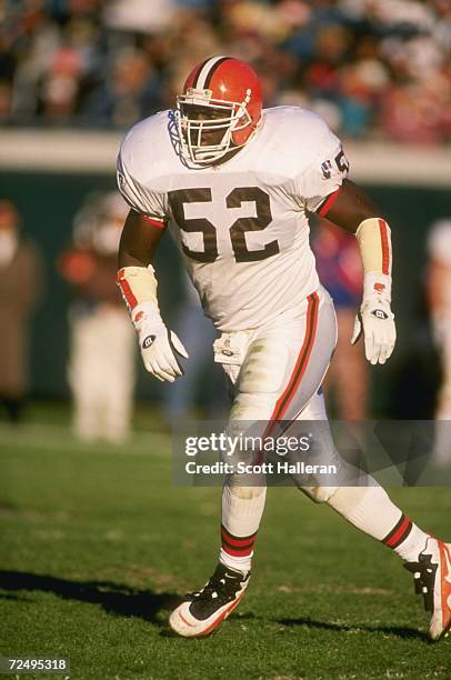 Linebacker Peppar Johnson of the Cleveland Browns keep his eye on the ball as he pursues the football during a play in the Browns 24-21 loss to the...