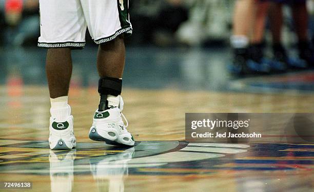 The ankle of Mateen Cleaves of Michigan State is shown wrapped in a brace during the final round of the NCAA Men''s Final Four against Florida at the...