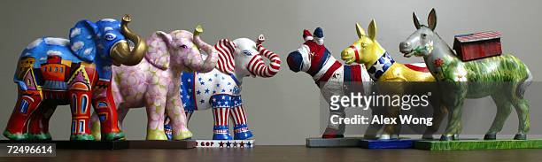 Maquettes of donkeys and elephants, symbols of the Democratic and Republican Party, from the Party Animals Project are displayed March 22, 2002 in...