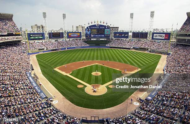 General view of Comiskey Park and the 45,351 in attendance looking out to straight away center field from above home plate as the Chicago Cubs take...