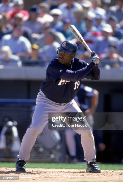 Tony Gwynn of the San Diego Padres stands ready at bat during the Spring Training Game against the Seattle Mariners at the Peoria Sports Complex in...