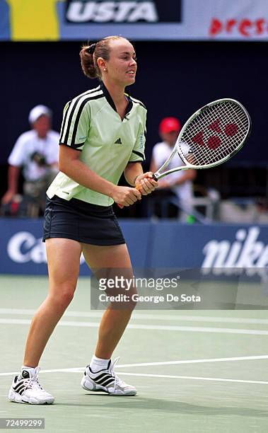 Tennis star Martina Hingis plays a match August 26, 2000 against Arantxa Sanchez-Vicario at the Arthur Ashe Kid's Day Family and Music Festival...