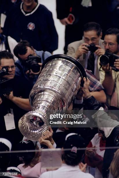 General view of the Stanley Cup during the Stanley Cup Finals game between the Detroit Red Wings and the Washington Capitals at the MCI Center in...