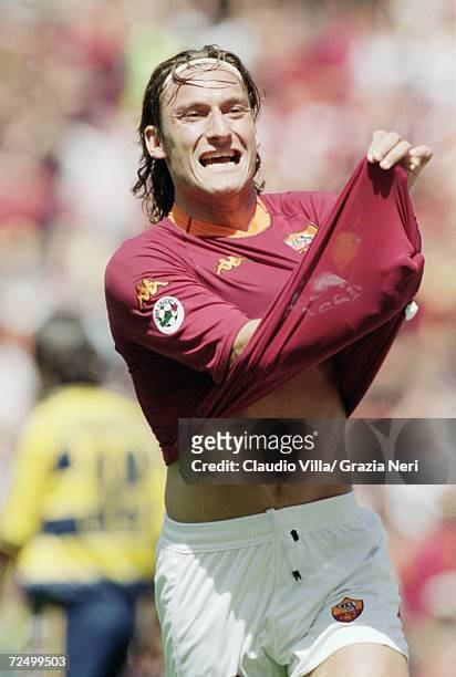 Francesco Totti of Roma celebrates the opening goal in the Serie A match against Parma at the Stadio Olimpico in Rome. Roma won 3-1 to take the...