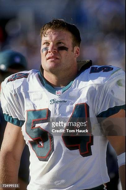 Linebacker Zach Thomas of the Miami Dolphins looks on during the game against the Carolina Panthers at the Ericsson Stadium in Charlotte, North...