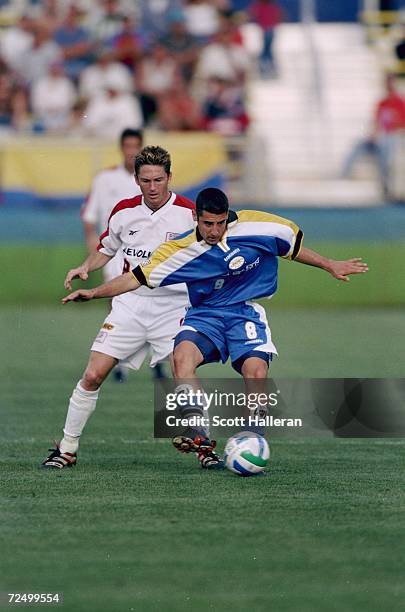 Nelson Vargas of the Miami Fusion in action during the game against the New England Revolution at the Lockhart Stadium in Fort Lauderdale, Florida....