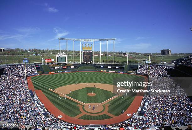 General view of the baseball diamond taken during a game between the Kansas City Royals and the Baltimore Orioles at the Kauffman Stadium in Kansas...