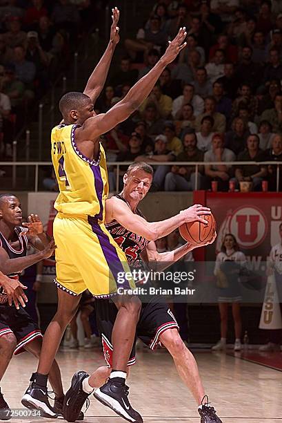 Stromile Swift of the Louisiana State Tigers blocks Mike Branson of the Southeast Missouri State Indians in the final seconds during the first round...