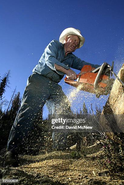 Year-old Jack Morgan, who has been a wood cutter since retiring 16 years ago, rips a log burned in the massive McNally fire of July 2002 on July 30,...