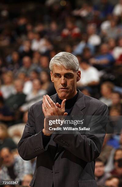 Head coach Brian Winters of the Golden State Warriors claps his hands during the NBA game against the Denver Nuggets at the Pepsi Center in Denver,...