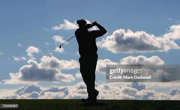 Jarrod Lyle of Australia plays his second shot on the 16th during day two of the 2005 Heineken Classic at the Royal Melbourne Golf Club February 4,...