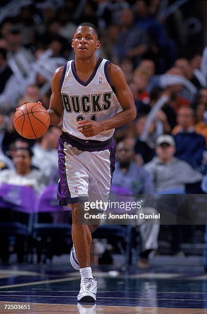 Ray Allen of the Milwaukee Bucks dribbles the ball down the court during a game against the Indiana Pacers at the Bradley Center in Milwaukee,...