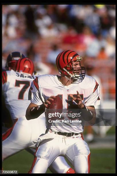 Quarterback David Klingler of the Cincinnati Bengals looks to pass the ball during a game against the San Diego Chargers at Jack Murphy Stadium in...