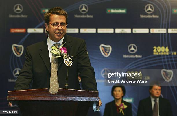 Brad Drewett, Tennis Masters Cup Tournament Director, delivers a speech during the opening ceremony for the Tennis Masters Cup Shanghai on November...