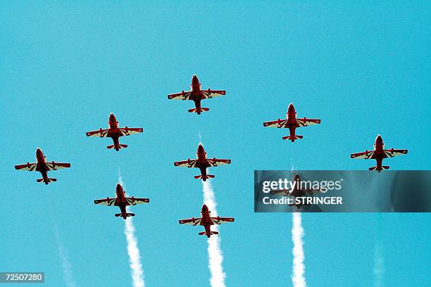 The "Surya Kiran Aerobatic Team" flies in formation over Ahmedabad Air Port during an Air Awareness Campaign Air Show to commemorate the Platinum...