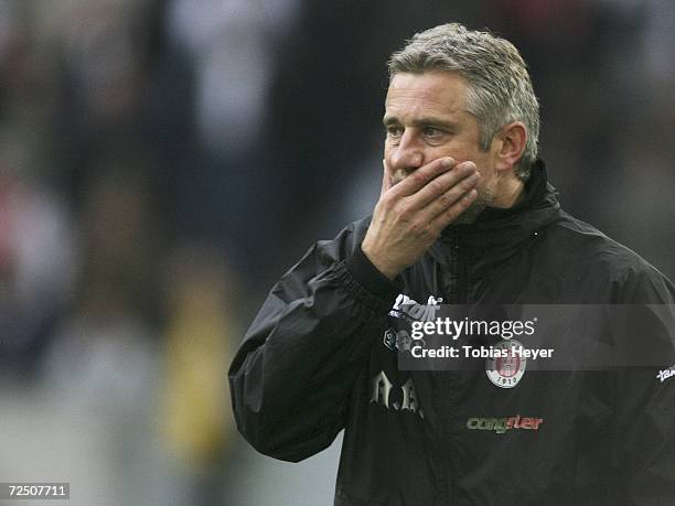 Andreas Bergmann, coach of St. Paulis reacts during the Third League match between Fortuna Dusseldorf and FC St. Pauli at the LTU-Arena on November...