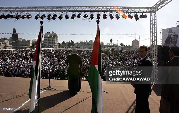 Palestinian President Mahmud Abbas gives a speech during ceremonies to commemorate the second anniversary of Yasser Arafat's death, 11 November 2006,...