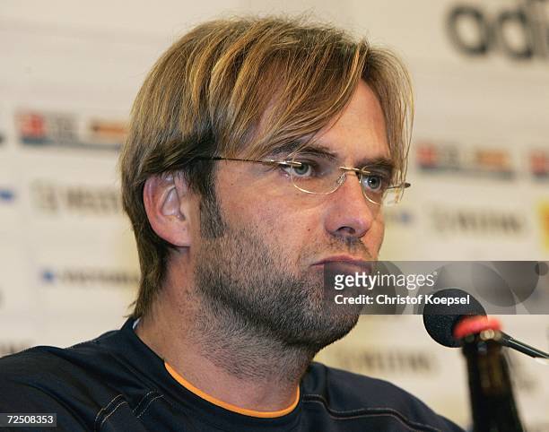 Head coach Juergen Klopp of Mainz looks disappointed during the press conference after the Bundesliga match between Schalke 04 and FSV Mainz 05 at...
