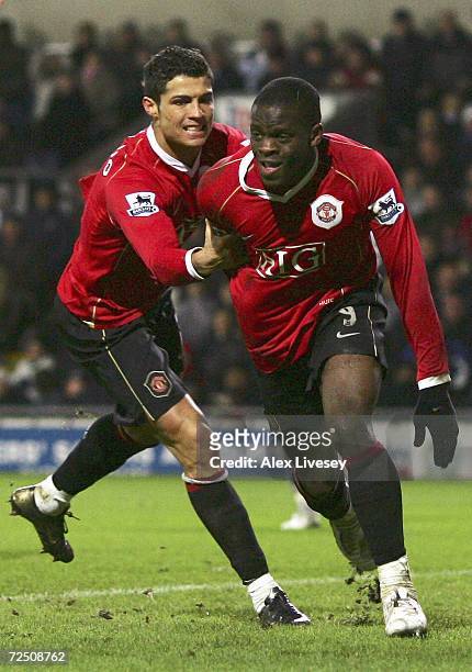 Louis Saha of Manchester United celebrates scoring his team's first goal with team mate Cristiano Ronaldo during the Barclays Premiership match...