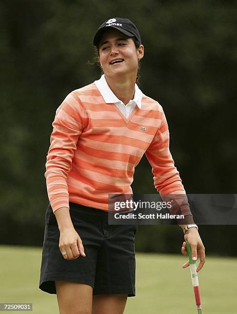 Lorena Ochoa of Mexico smiles after a birdie putt on the ninth green during the third round of the Mitchell Company LPGA Tournament of Champions at...