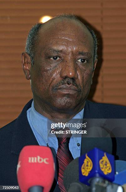 Sudan's minister for international cooperation, Saleh Tigani Fedail, holds a press conference in Khartoum upon his return from Bangui in the Central...