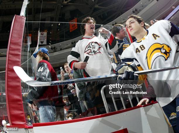 Daniel Briere of the Buffalo Sabres skates onto the ice for a NHL game against the Philadelphia Flyers at the Wachovia Center on November 11, 2006 in...