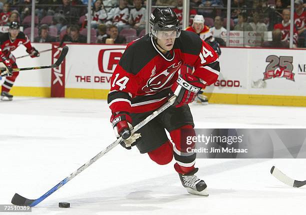Brian Gionta of the New Jersey Devils skates against the Florida Panthers on November 11, 2006 at Continental Airlines Arena in East Rutherford, New...