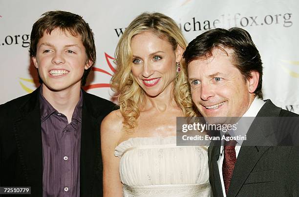 Actor Michael J. Fox his wife actress Tracy Pollan and son Sam arrive for "A Funny Thing Happened On The Way To Cure Parkinson's" benefit gala at the...