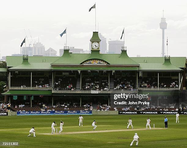 General view of play shows the Members Stand of the Sydney Cricket Ground and Centrepoint Tower in the background on day one of the second Ashes tour...