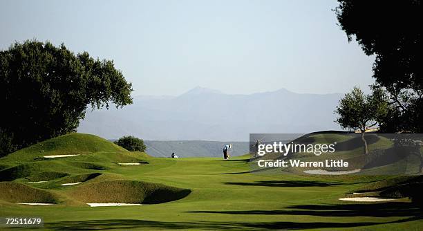 Felipe Aguilar of the USA putts out on the third green during the second round of the European Tour Qualifying School - Final Stage at The San Roque...