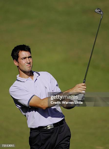 Matthew King of England holes his second shot to record an eagle on the par 4 fifth hole during the second round of the European Tour Qualifying...