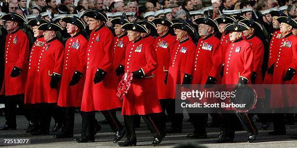 Chelsea Pensioners file past the Cenotaph during the Remembrance Sunday Service at The Cenotaph on November 12, 2006 in London, England. The Festival...