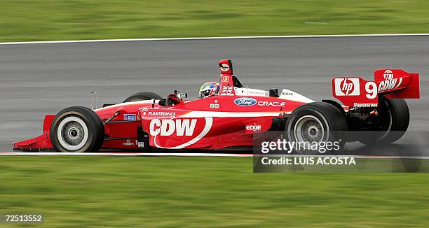 English driver pole man Justin Wilson, of the RusPort Racing team, steers his car during the warm-up session of the Champ Car World Series GP in...