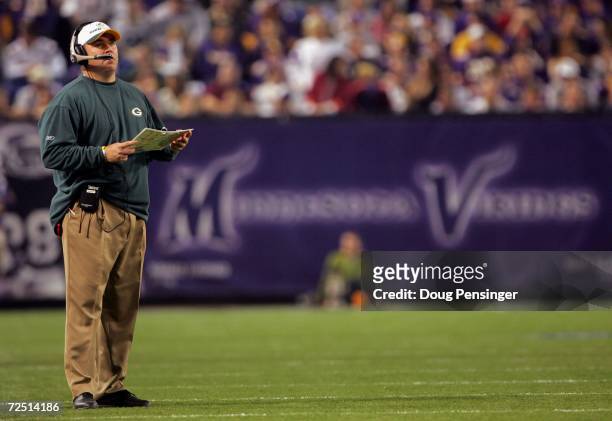 Head coach Mike McCarthy of the Green Bay Packers directs his team against the Minnesota Vikings as the Packers defeated the Vikings 23-17 on...