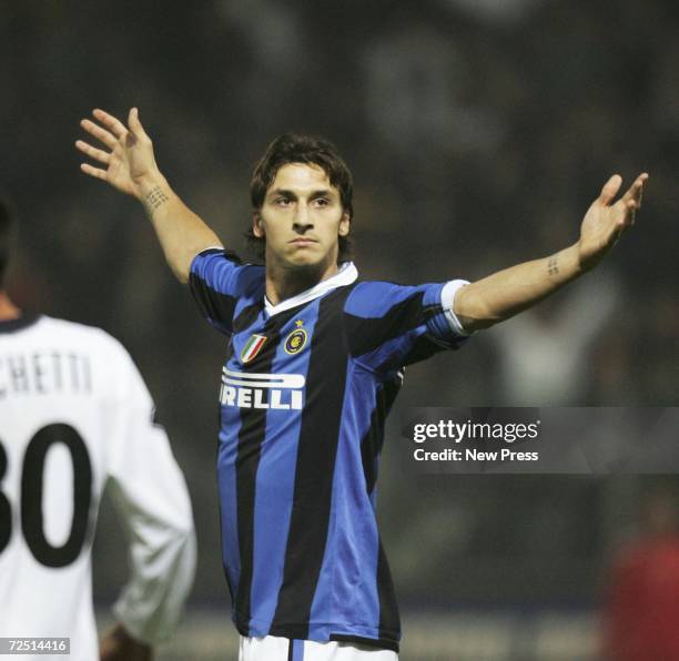 Zlatan Ibrahimovic of Internazionale celebrates after scoring during the Serie A match between Parma and Inter Milan at the Stadio Ennio Tardini on...