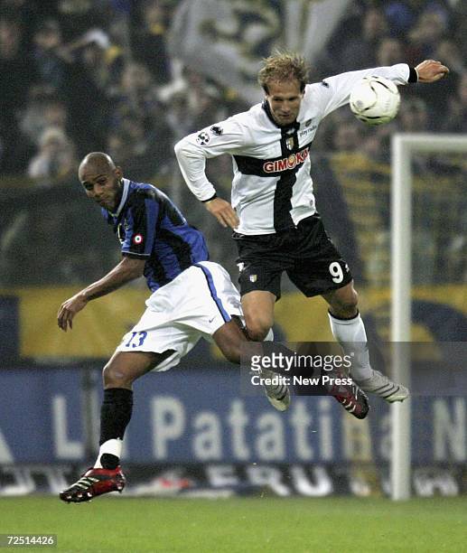 Sisenado Maicon of Internazionale and Zlatan Muslimovic of Parma in action during the Serie A match between Parma and Inter Milan at the Stadio Ennio...