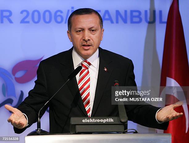 Turkish Prime Minister Recep Tayyip Erdogan speaks 13 November 2006 during a meeting of the Alliance of Civilizations in Istanbul, an initiative...