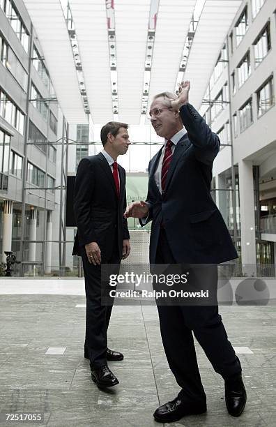 Rene Obermann , new CEO of Deutsche Telekom and the company's head of the supervisory board Klaus Zumwinkel gesture during a news conference at...