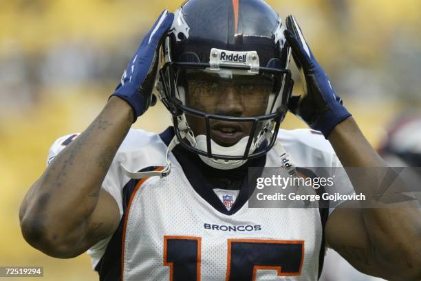 Wide receiver Brandon Marshall of the Denver Broncos on the field before the start of a game against the Pittsburgh Steelers at Heinz Field on...