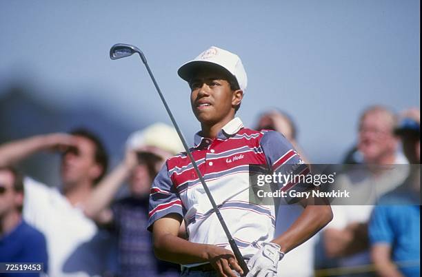 Tiger Woods watches his shot during the 1992 Los Angeles Open at the Riviera Country Club in Pacific Palisades, California. Mandatory Credit: Gary...