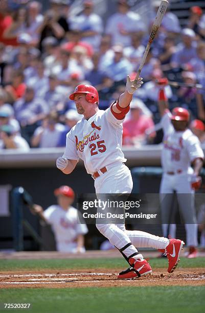 First baseman Mark McGwire of the St. Louis Cardinals at bat during the Spring Training Game against the Philadelphia Phillies at the Roger Dean...