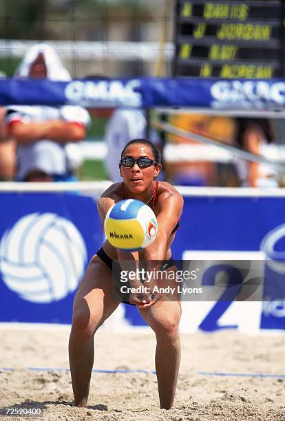 Jenny Johnson-Jordan gets ready to hit the ball during the 2000 Oldsmobile Alero Beach Volleyball-U.S. Olympic Challenge Series in Deerfield Beach,...