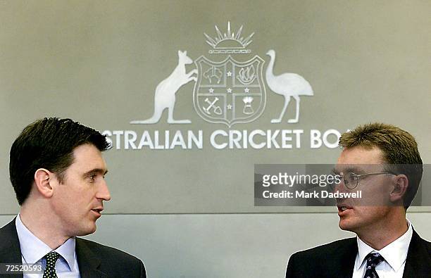 James Sutherland, CEO of the Australian Cricket Board announces a new five year sponsorship deal with Hutchison Telecom, represented by CEO Kevin...