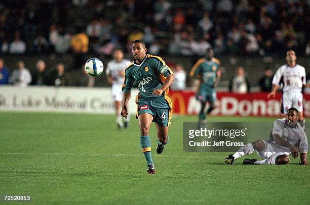 Robin Fraser of the Los Angeles Galaxy moves with the ball during the game against the New England Revolution at the Rose Bowl in Pasadena,...