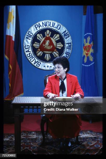 Corazon Aquino sits December 9, 1986 in her office in Manila, Philippines. Widow of assassinated Filipino senator Benigno Aquino, Corazon Aquino...