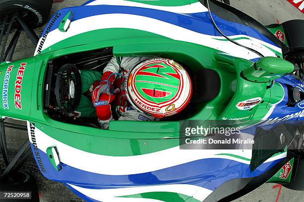 Mario Dominguez of Mexico sits in his Herdez Competition Ford-Cosworth/Lola during practice for the Toyota Grand Prix of Long Beach on April 11, 2003...