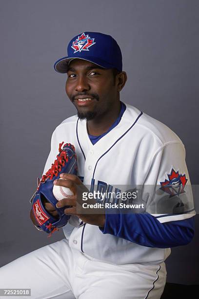 First baseman Carlos Delgado of the Toronto Blue Jays poses for a studio portrait during Blue Jays Picture Day at the Dunedin Stadium in Dunedin,...