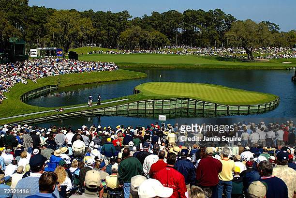 General view of the 17th hole as Tiger Woods approaches the green during Friday's second round of the Players Championship at the TPC at Sawgrass in...